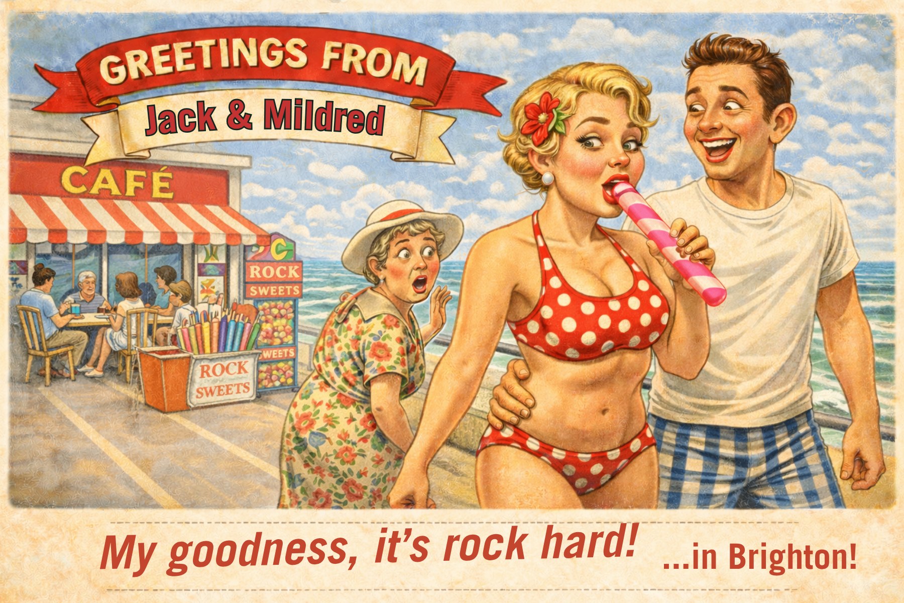 Vintage seaside postcard from It's Rock Hard!