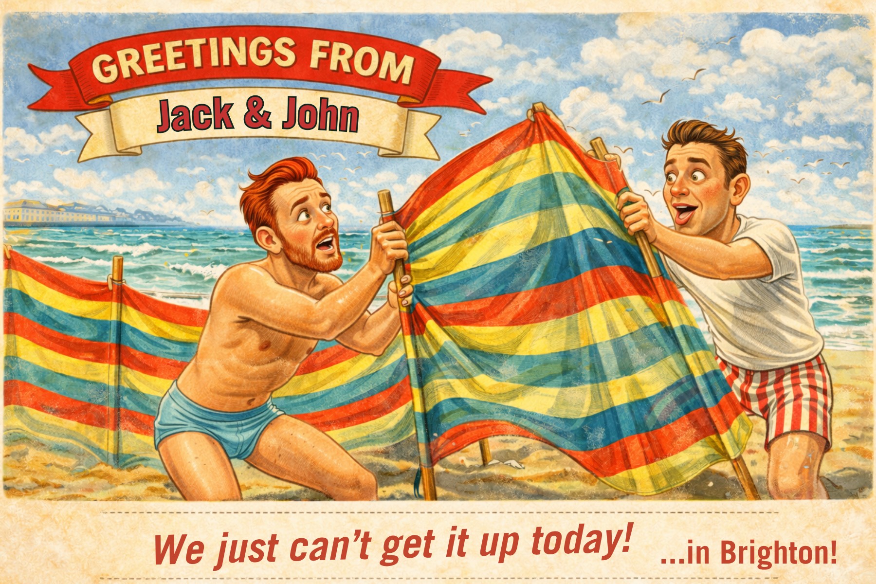 Vintage seaside postcard from Can't Get it Up!