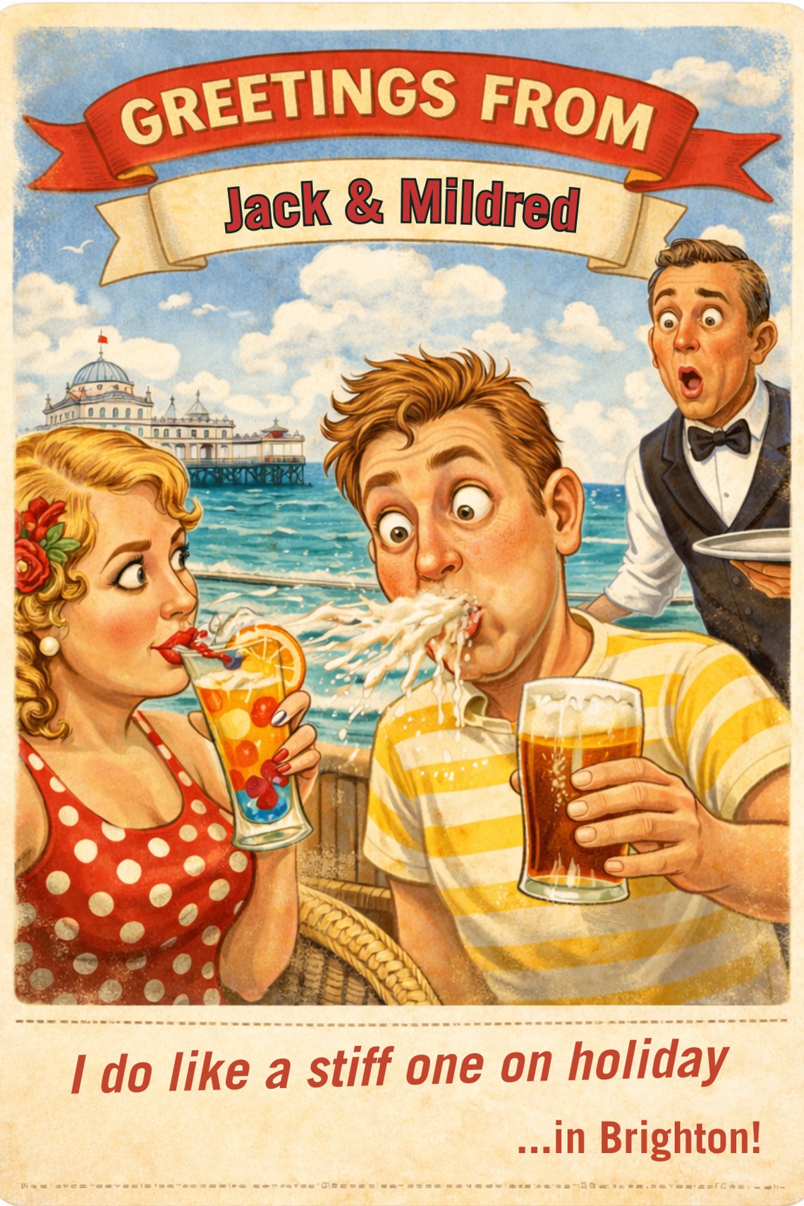 Vintage seaside postcard from A Stiff One On Holiday!