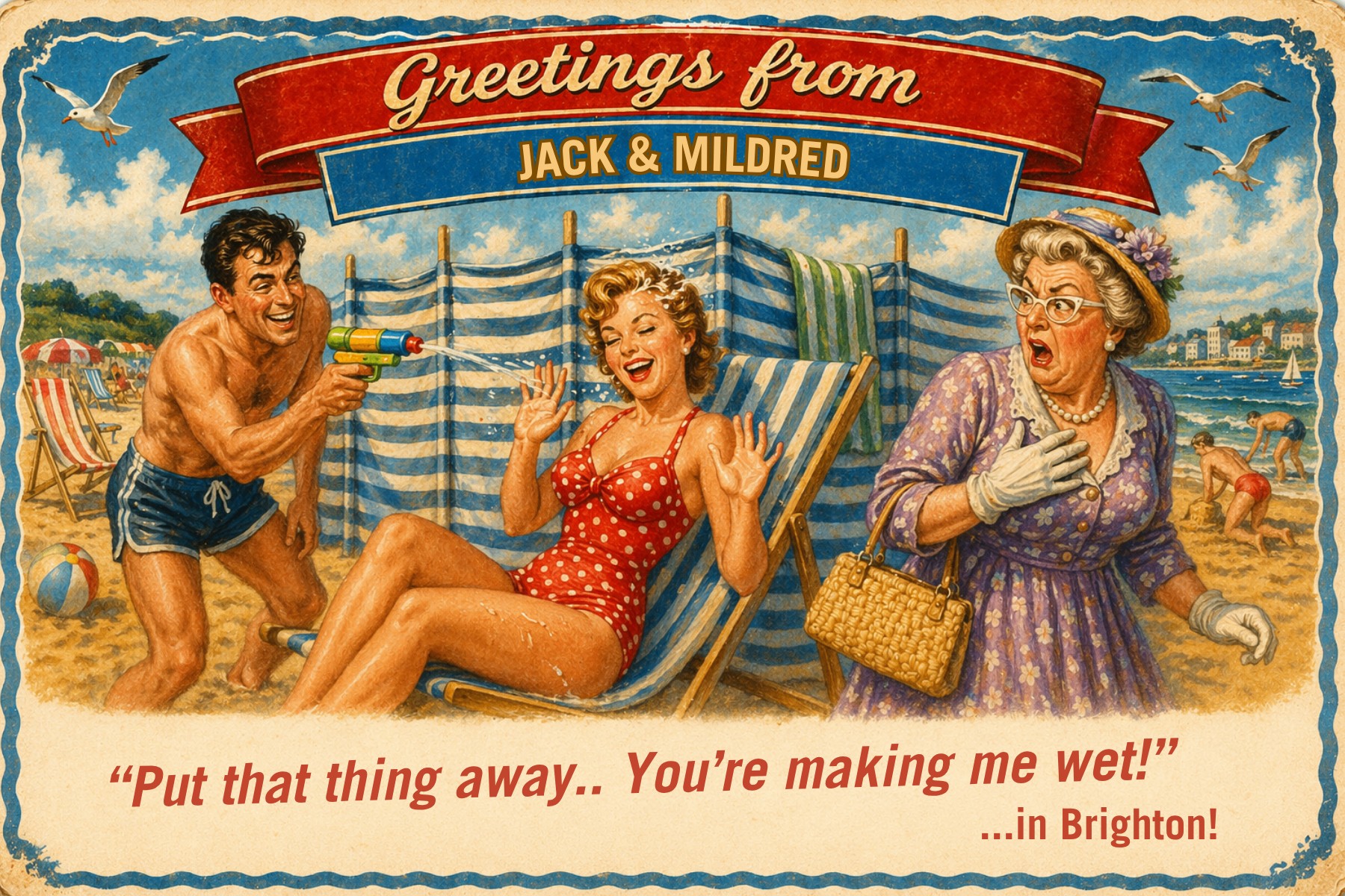 Vintage seaside postcard from ​Making Me Wet!